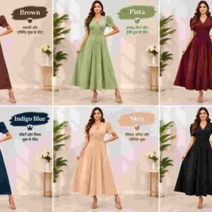 Shasmi Women’s Peach V-Neck A-Line Maxi Dress – Puff Sleeves & Cinched Waist Party Wear Dress